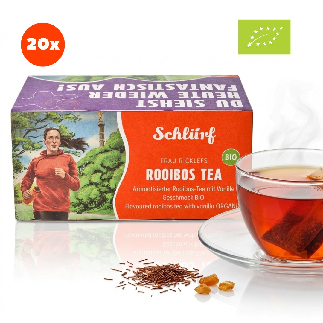 Frau Ricklefs — Bio Rooibos Tea (Büdel) — Packung mit Tasse (Freisteller)