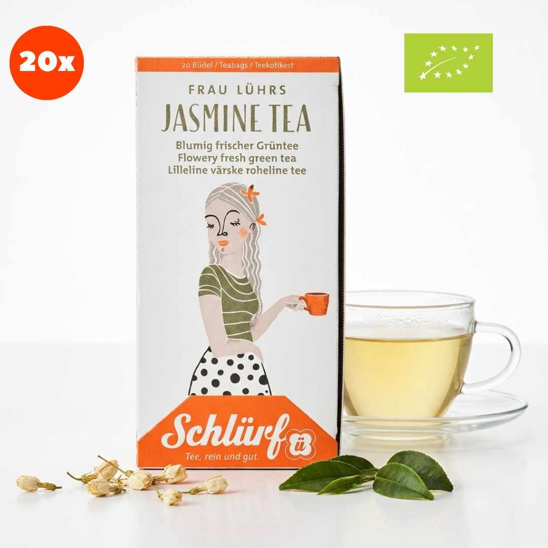 Frau Lührs — Bio Jasmine Tea (Büdel) — Packung mit Tasse (Freisteller)