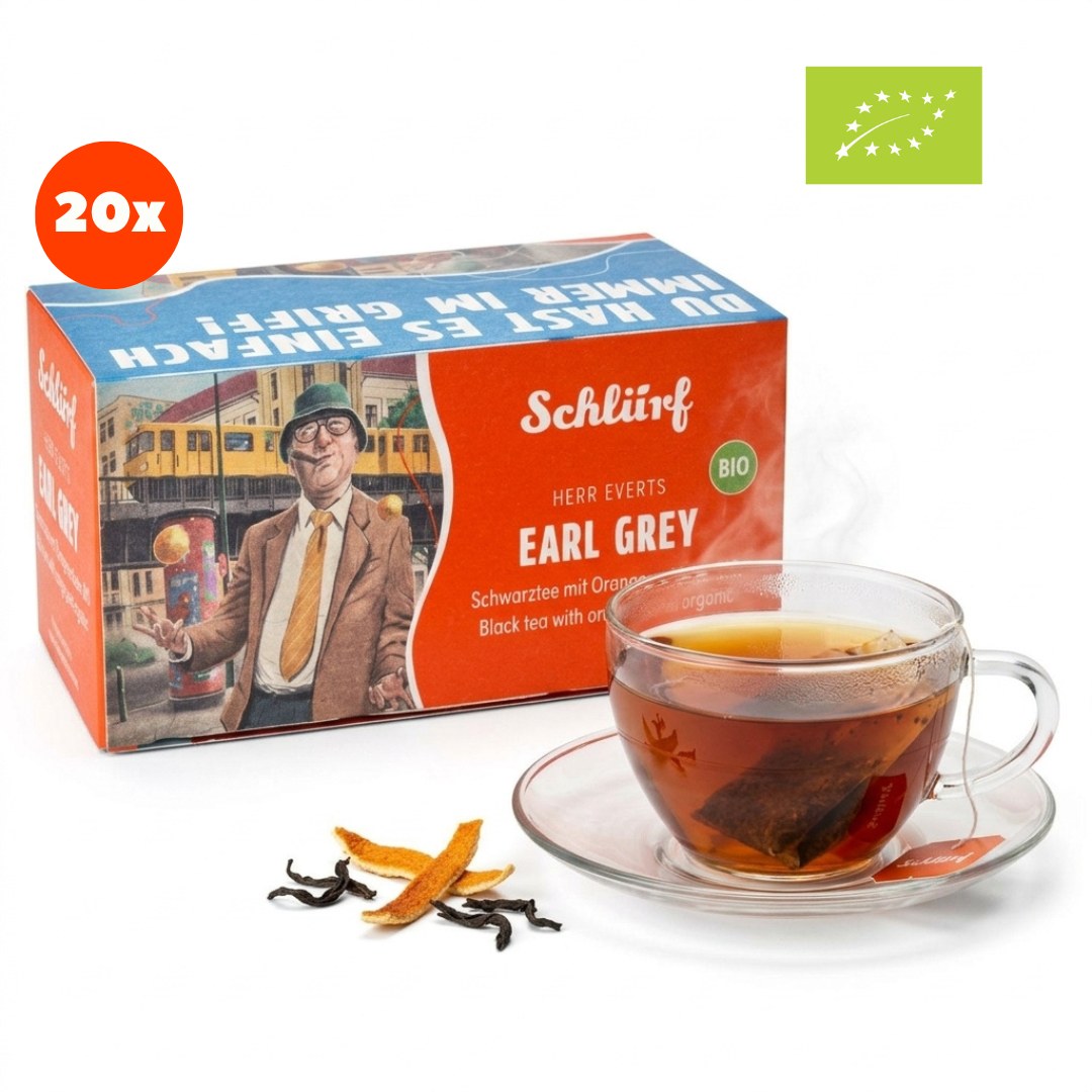 Herr Everts — Bio Earl Grey (Büdel) — Packung mit Tasse (Freisteller)
