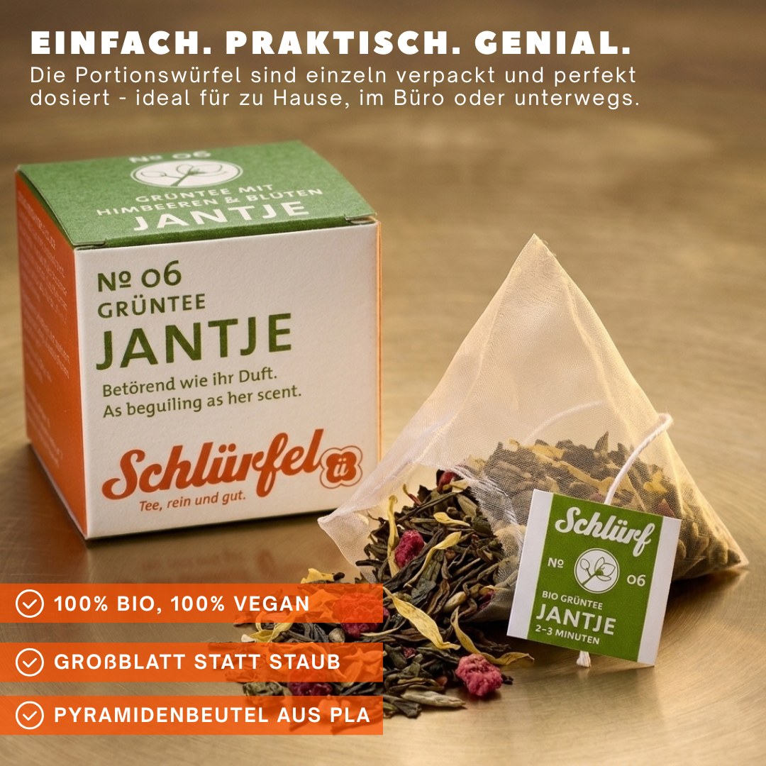 Jantje — Schlürfel-Schachtel mit Pyramidenbeutel
