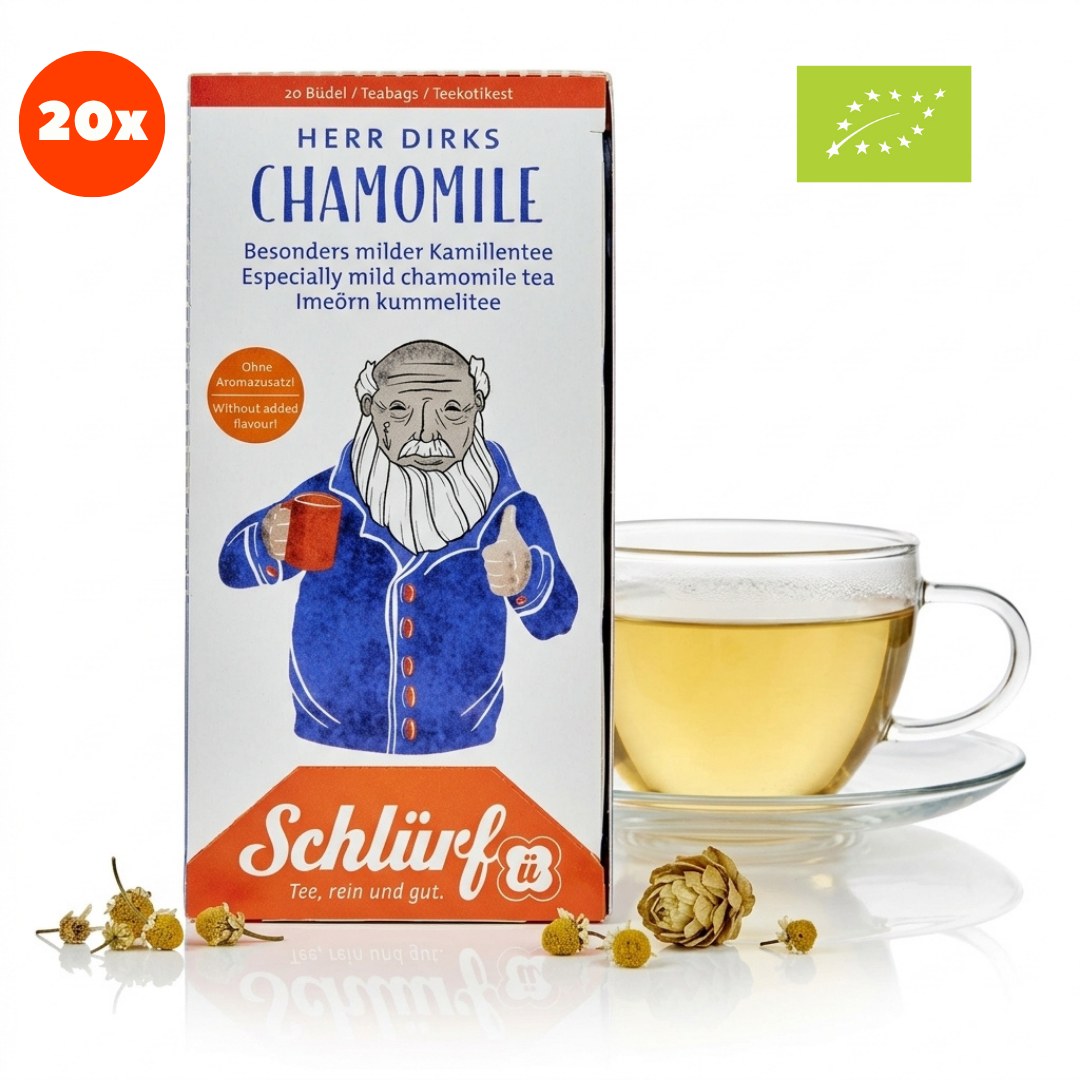 Herr Dirks — Bio Chamomile (Büdel) — Packung mit Tasse (Freisteller)