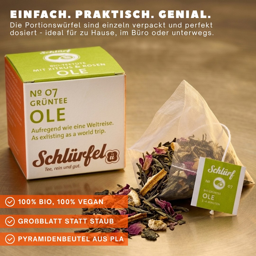 Ole — Schlürfel-Schachtel mit Pyramidenbeutel