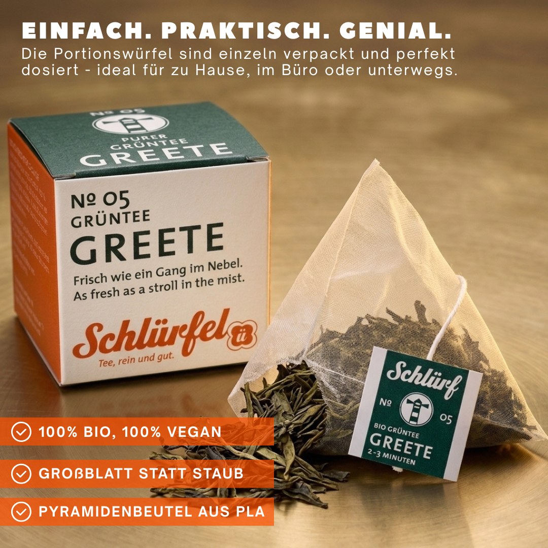 Greete — Schlürfel-Schachtel mit Pyramidenbeutel