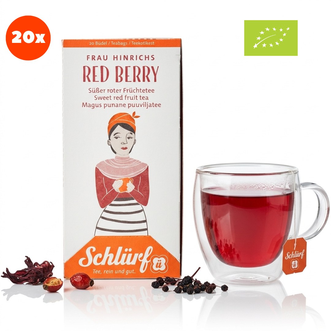 Frau Hinrichs — Bio Red Berry (Büdel) — Packung mit Tasse (Freisteller)