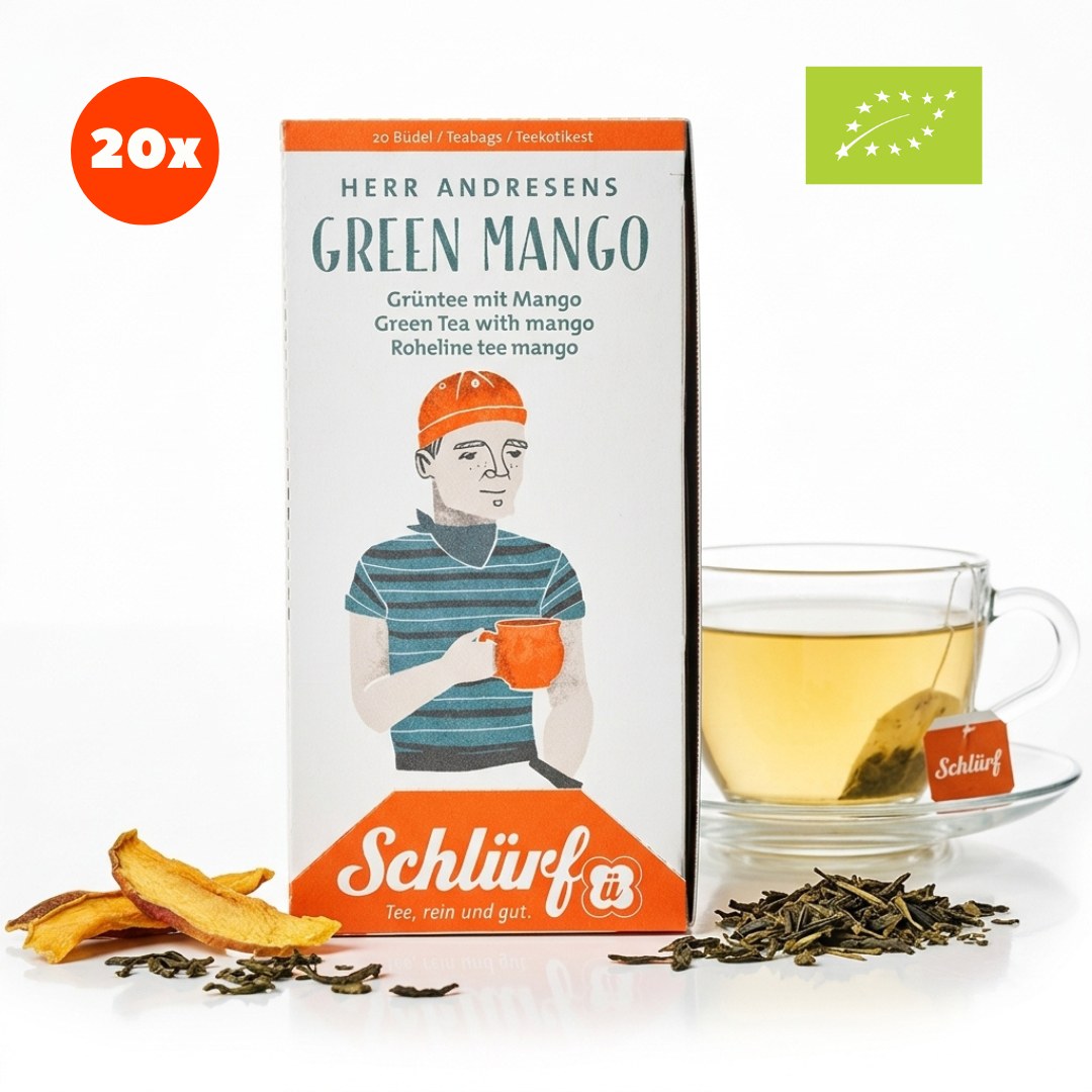 Herr Andresens — Bio Green Mango (Büdel) — Packung mit Tasse (Freisteller)